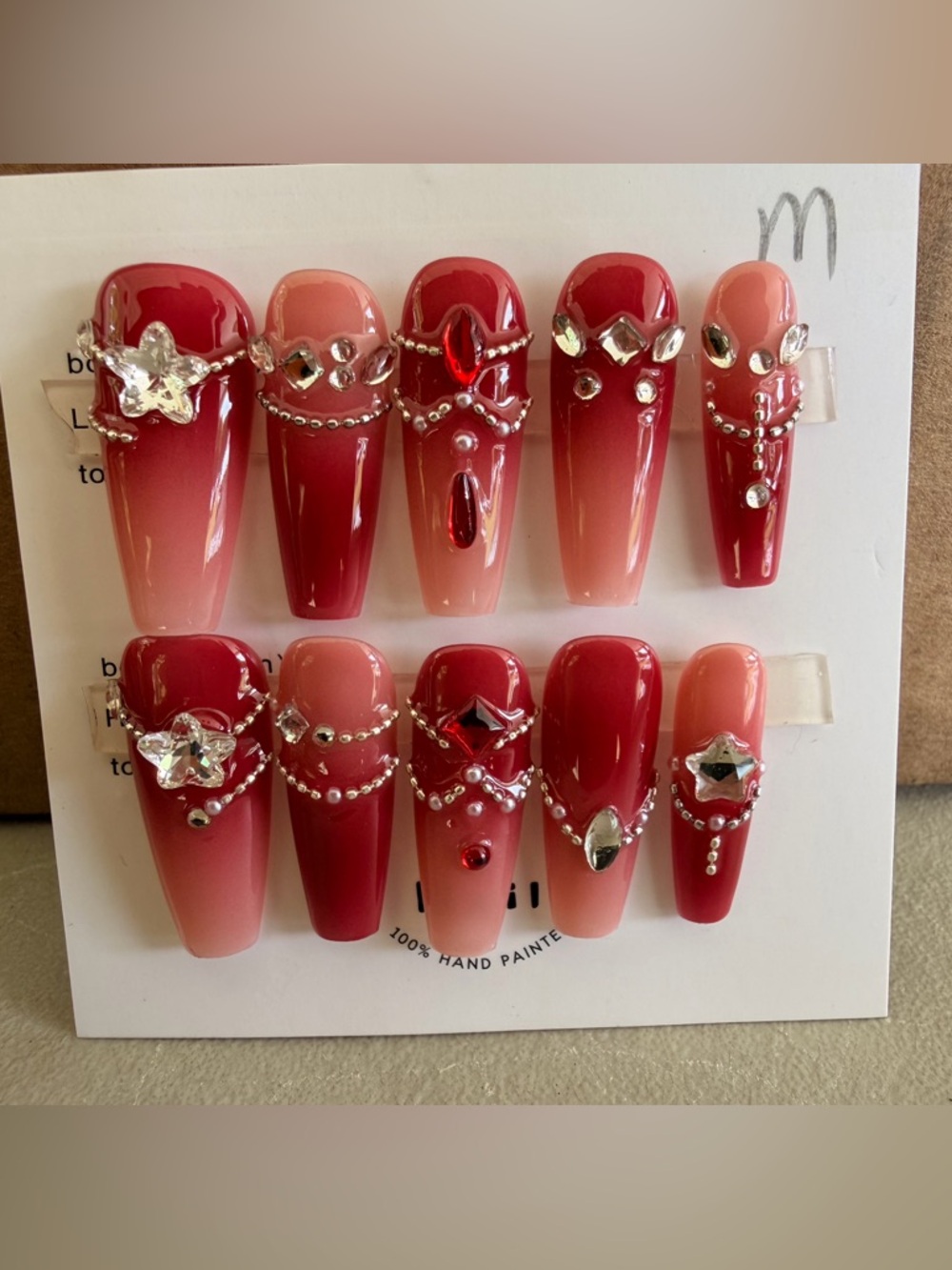 Hand-Painted Red & Pink Ombre Rhinestone Press-On Nails